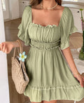 👗✨ Vestido Midi CHAIYAO com Pregas – Decote Quadrado, Manga Média e Cintura Elástica! Perfeito para o Verão 2025 ☀️